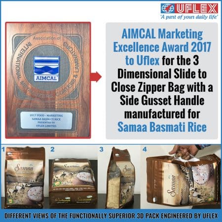 AIMCAL Marketing Excellence Award 2017 to UFlex for 3 Dimensional Slide to Close Zipper Bag with a Side Gusset Handle