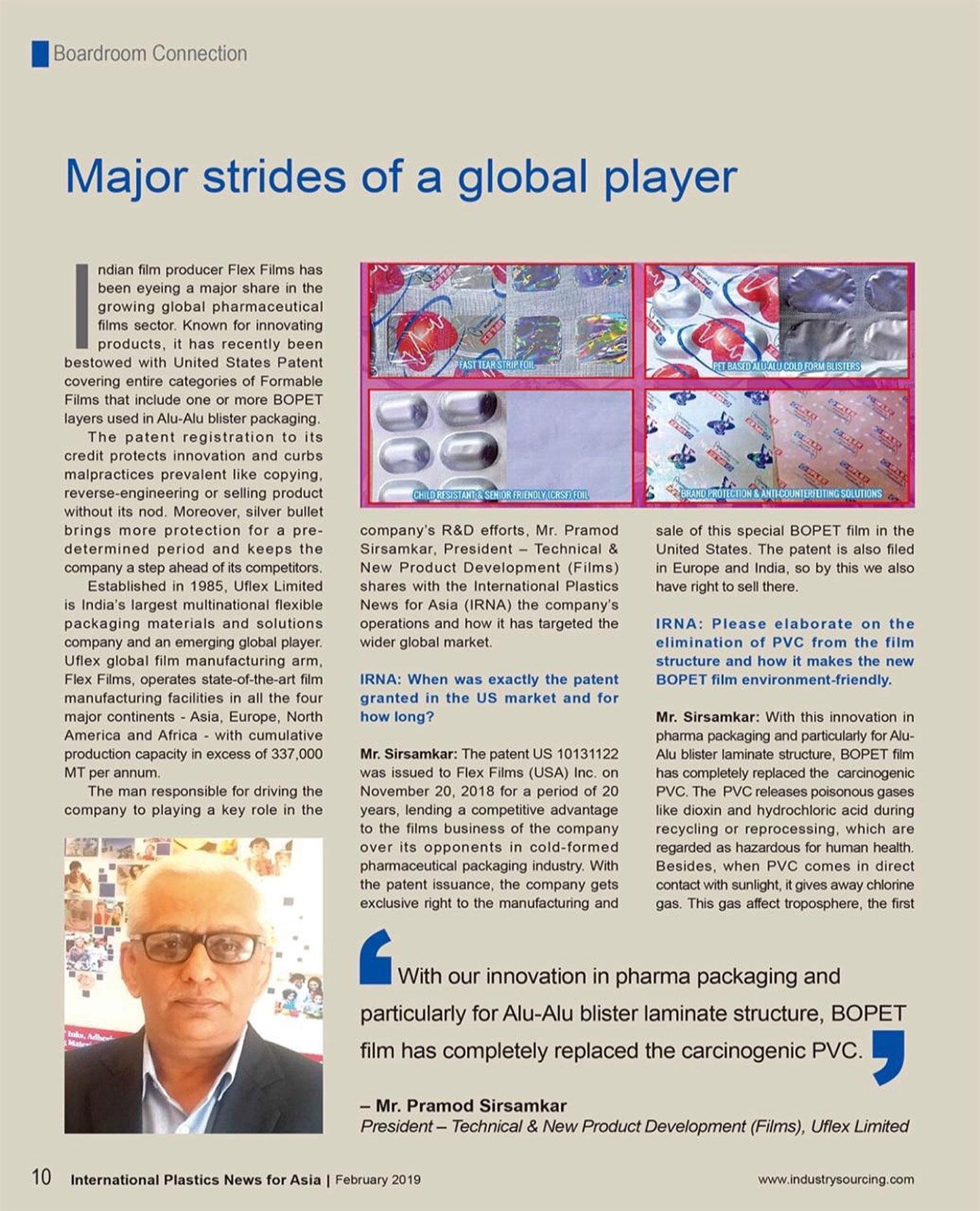 Major Strides of a Global Player: P L Sirsamkar, President – Technical & New Product Development (Films) Shares R&D Efforts With The International Plastic News for Asia  – Reports IRNA | February 2019 Print Edition