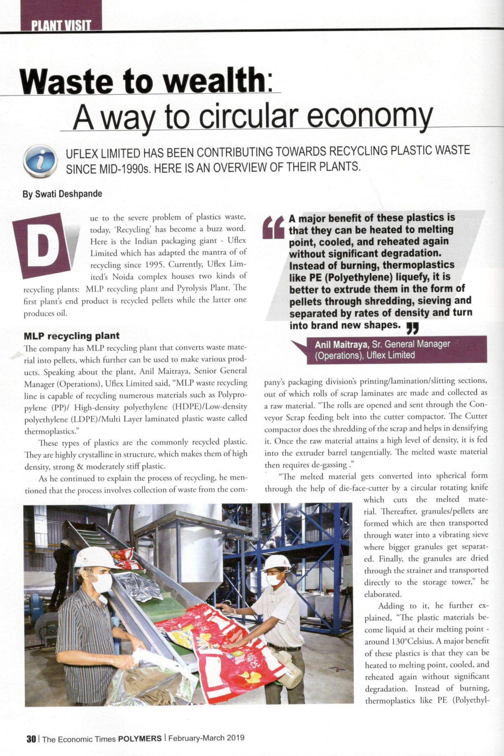 Waste to Wealth : UFlex has been Contributing towards Recycling Plastic Waste since Mid 1990s – Reports The ET Polymers | Feb-Mar 2019 Print Edition