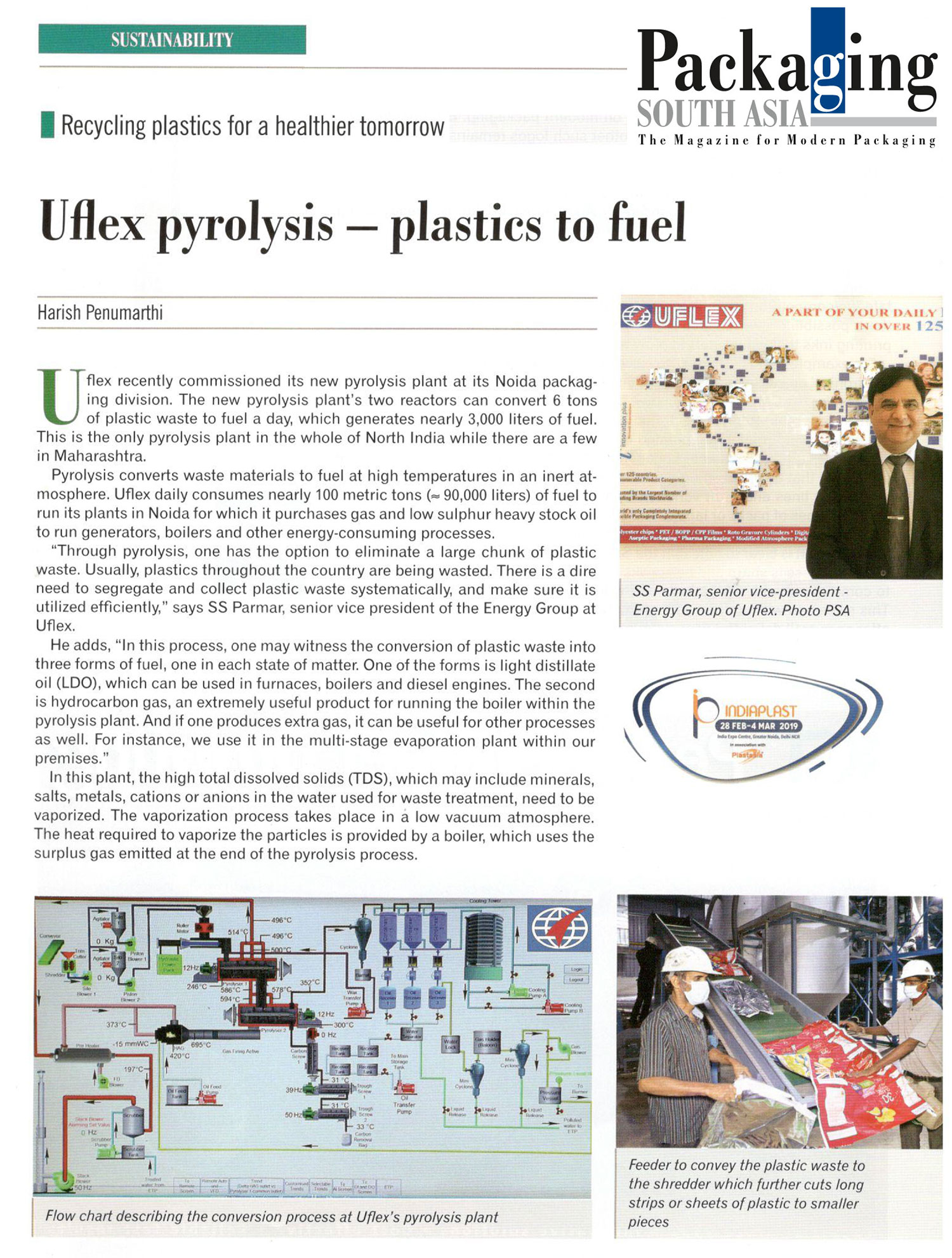 Recycling Plastic for a Healtheir Tomorrow : UFlex Pyrolysis “plastic to fuel” – Reports Packaging South Asia | February 2019 Print Edition