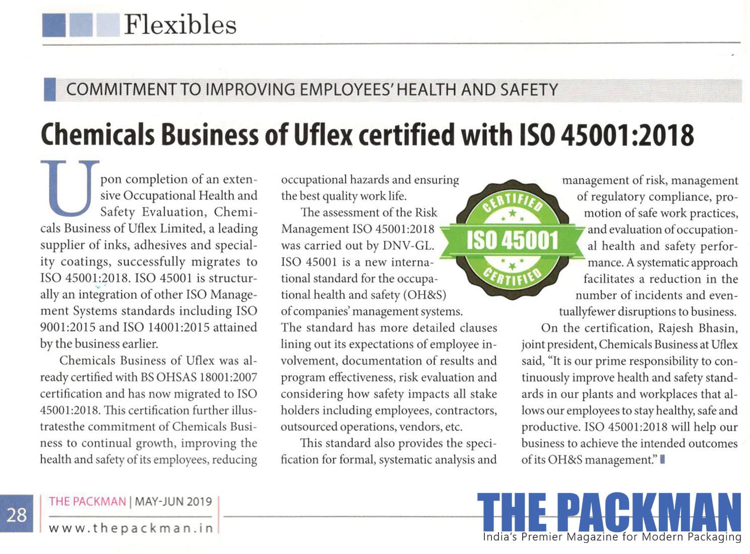 Chemicals Business of UFlex Certified with “ISO 45001:2018” – Reports The Packman | May June 2019 Print Edition