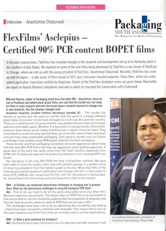 Anantshree Chaturvedi Exclusive Interview with Naresh Khanna Editor of Packaging South Asia about FlexFilms’ Asclepius ‘Kingfisher’ Certified 90% PCR Content BOPET Films – Reports PSA | June 2019 Print Edition